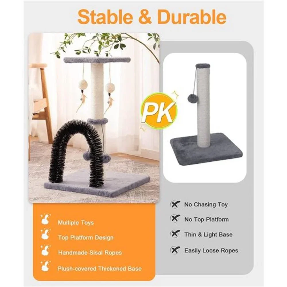 Cat Scratching Post with Self Groomer and Dangling Balls, Grey